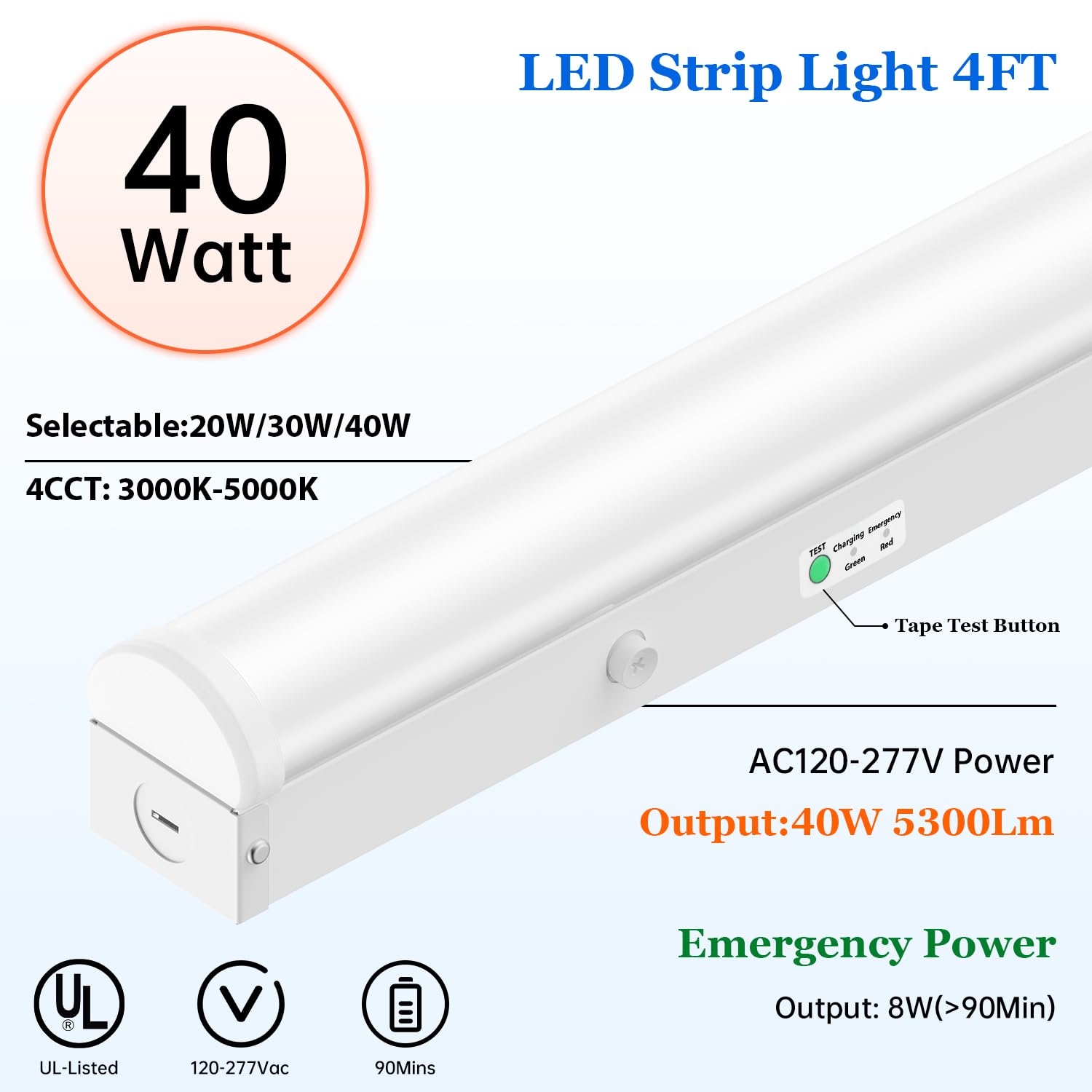 Dephen 4 Fuß LED-Streifen, linear Notlicht mit Batteriehalterung, 20W/30W/40W LED wählbar, 5280 Lumen, 4 CCT abstimmbar, Notbeleuchtung 3000-5000K für