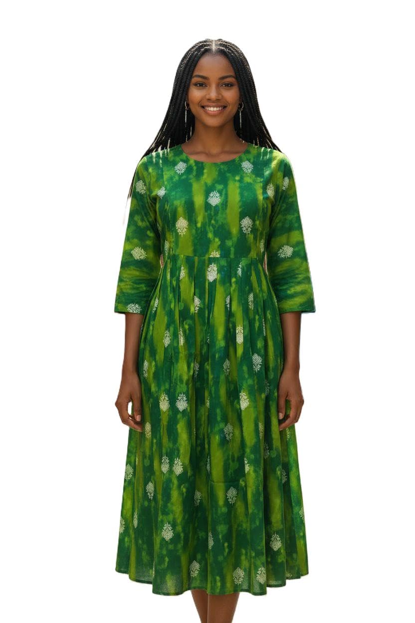 Women's Tie-Dye Rayon Maternity Nursing Maxi Dress, Dark Green and Bright Green Floral Print, Floor Length, 3/4 Sleeve-image-48