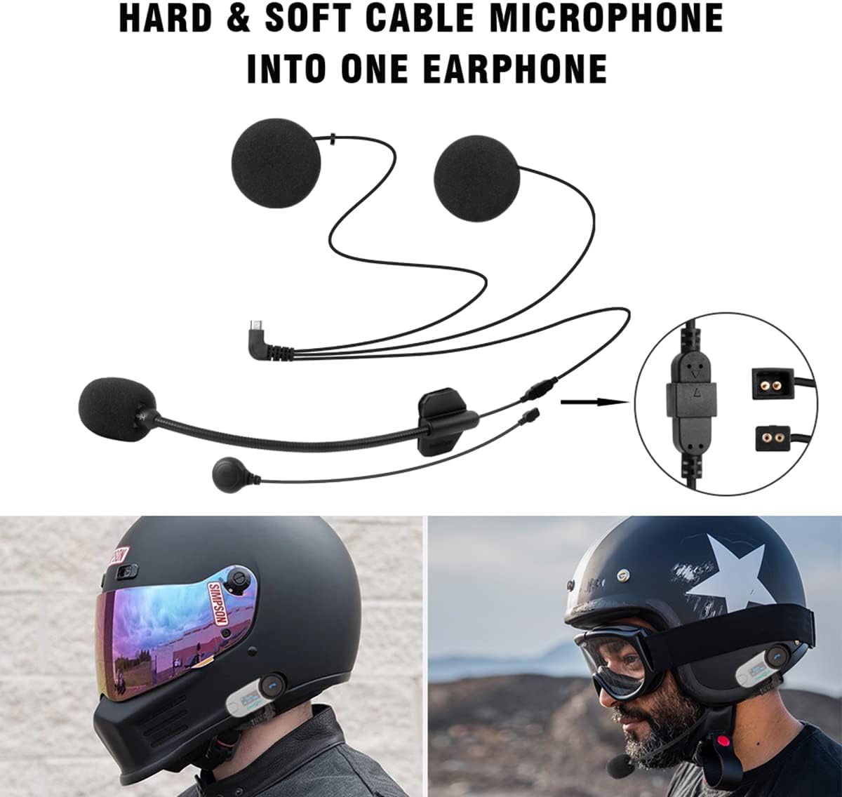 Diagram illustrating the installation process of the FreedConn TCOM-SC unit and microphone onto a motorcycle helmet.