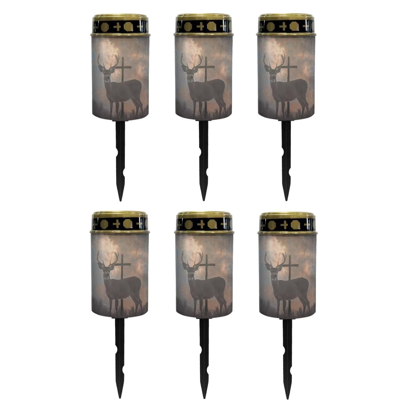 Poceacles Cross Outdoor Solar Lights Set of 6 Waterproof Outdoor Lights Solar Powered Solar Lantern Light Blessed Candles Cemetery Lights Outdoor Stake for Eternal Decorative, Deer Cross Galaxy
