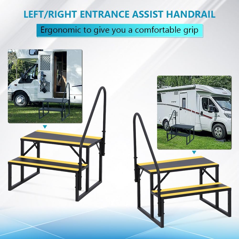 Escalier extérieurérieur Robuste pour Camping-Car – 2 marches antidérapantes avec Main Courante surélevée – Acier Pliant Portable, idéal Caravane, Spa, Piscine – Sécurité renforcée, Noir et