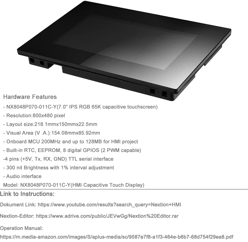 Nextion 7.0 Inch LCD Module Touch Display Intelligent Series NX8048P070-011C-Y HMI IPS RGB 65K Capacitive Touchscreen with Enclosure