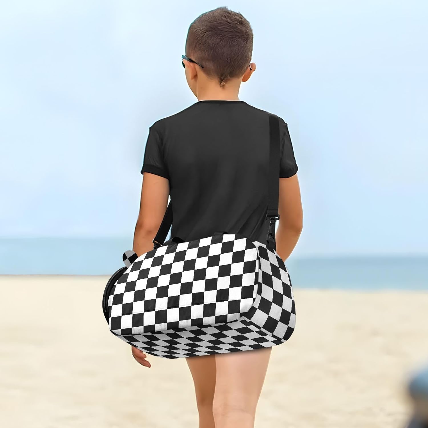 White Black Checkerboard Plaid Print Dance Bag for Girls Ballet Bag with Shoe Compartment, Kids Dufflefor Gym, Cheerleading, Sports, Birthday Gift for Little Dancers