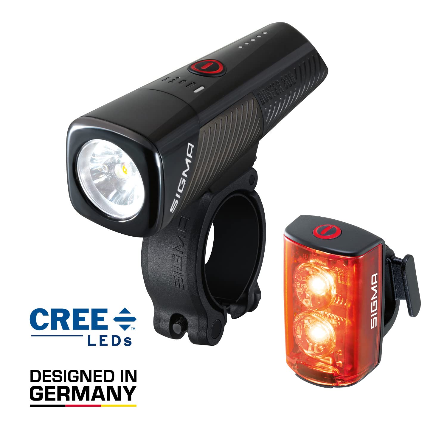 SIGMA - Buster 800 / RL 80 | przednia i tylna lampa LED | 800 lumenów i 80 lumenów | zasilana bateryjnie, ładowalna przednia i tylna lampa z pięcioma trybami świecenia