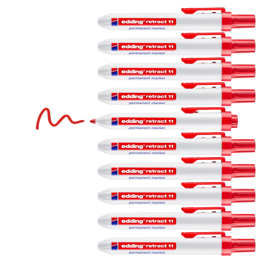 edding retract 11 Marqueur permanent - Rouge - 10 stylos - Pointe ronde 1,5-3 mm - Imperméable, sèche vite - pour une utilisation facile d'une seule main - pour carton, plastique, bois, métal, verre