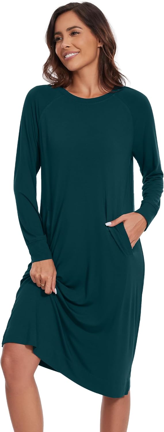 WiWi Long Sleeve Bamboo Viscose Nightgowns for Women, Soft Cooling Sleep Night Dress Shirts for Women Sleepwear S-XXL