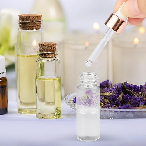 Miniatura 5 de Paquete de 35, gotero de aceite esencial de muestra transparente de 0.2 fl oz, frascos de gotero de vidrio vacíos con tapa de oro rosa, contenedor