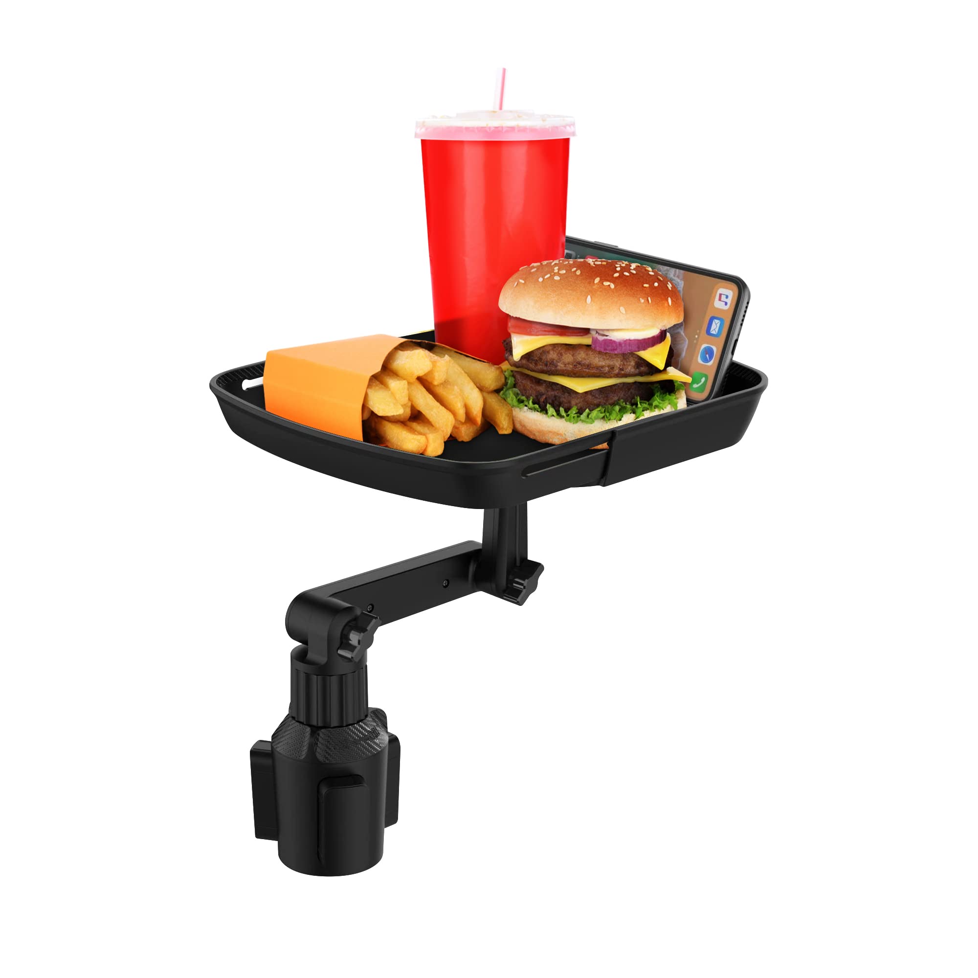 Chargeworx Cup Holder Tray Mount Car Accessory | 7.5 inch Anti Slip Surface Food Tray w/Phone Mount for Car | Swivel Cupholder with Adjustable Height and Angle | Fits Holders 2.5 to 4 inches Wide