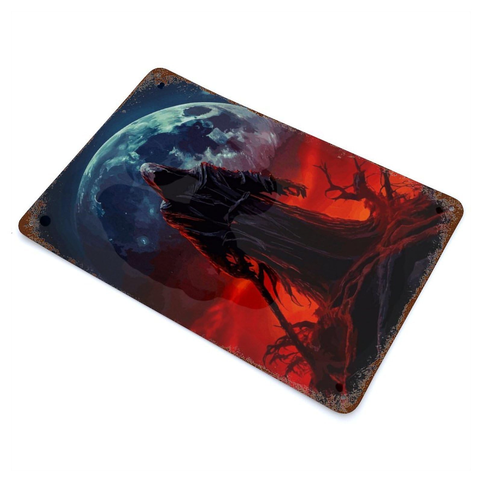 Grim Reaper Under Blood Moon Vintage Wall Sign 11.8"x7.9", Rust Effect Metal Decor for Office, Studio And Wall Decor