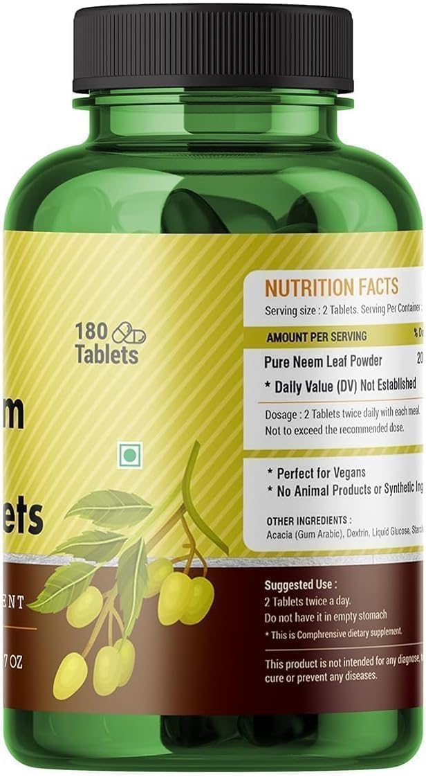 MM Neem Leaf Tablets -180 Neem 500 mg/Azadirachta Indica/Natural Detox/Skin Care / 30 Days Supply