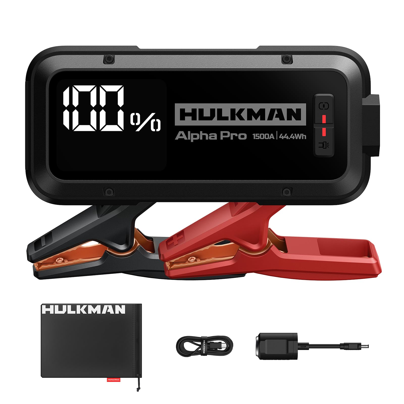Hulkman Alpha Pro Solid Black, 1500A 44.4Wh Battery Jumper Starter Portable, with Storage Pouch, PD65W in&Out, Power Bank & Jumper Cables, Large LED Display, 12V Battery Pack for 7.5L Gas/4.5L Diesel