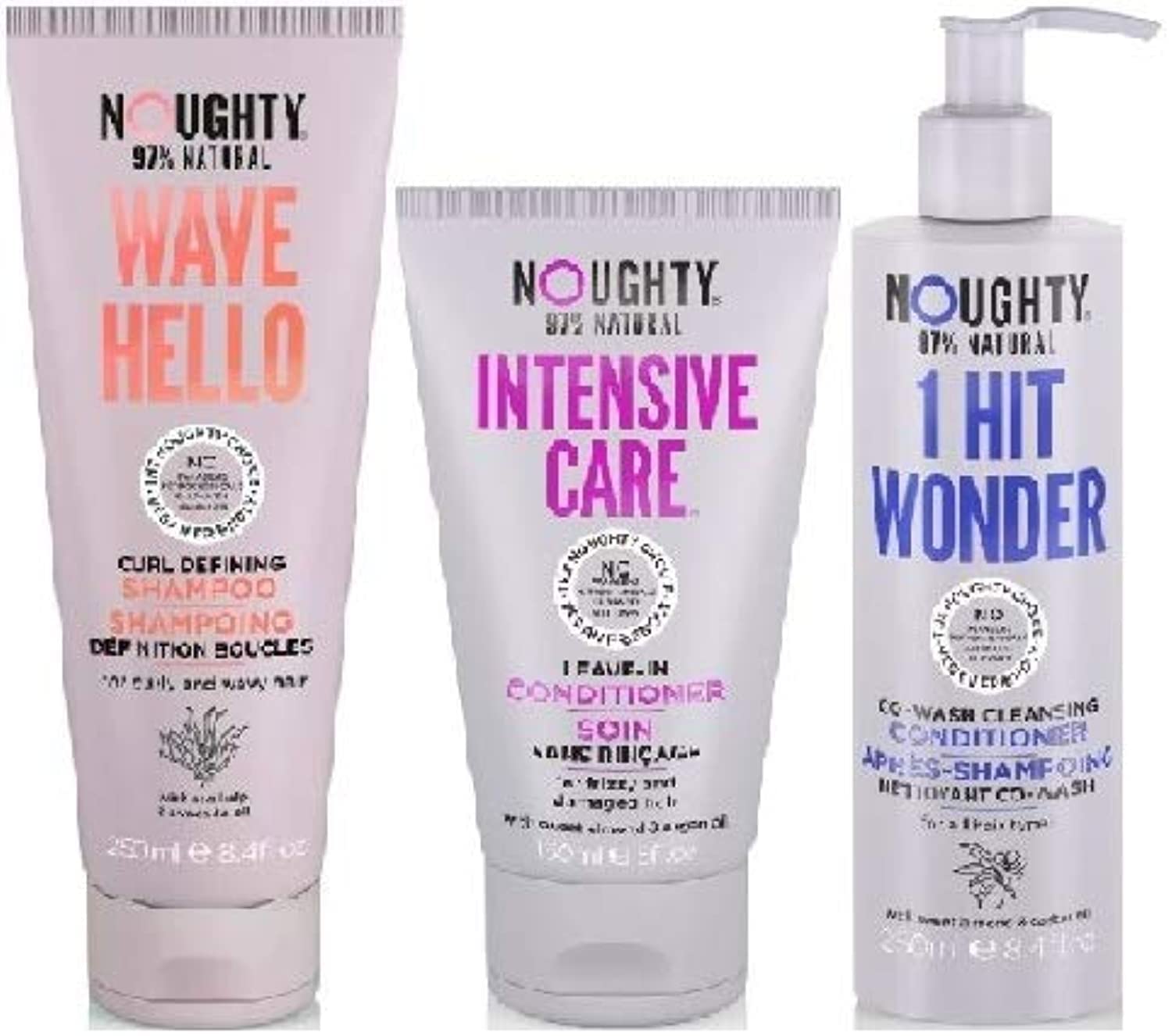 (Pack of 3) Noughty Wave Hello Curl SHAMPOO x 250ml & Intensive Care Leave In CONDITIONER x 150ml & 1 Hit Wonder Conditioning Co-Wash x 250ml