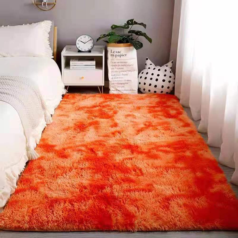 Modern Shaggy Living Room Area Rugs, Anti Slip Soft Touch Fluffy Short Pile Tie-Dyed Shag Carpets Non Shedding Faux Fur Doormats,Bedroom Hard Floors Mat Sofa Bedside Nursery Kids Room (Orange,40x60cm)