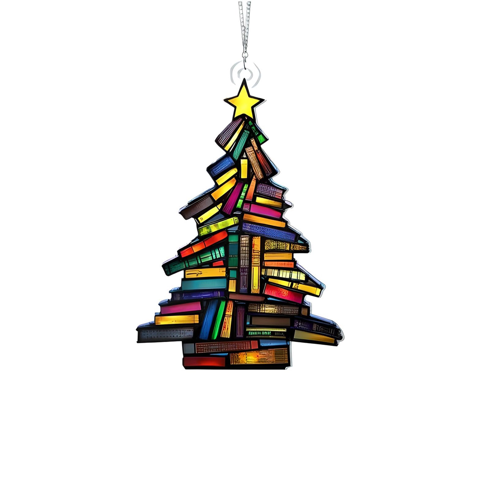Christmas Book Tree Suncatcher Ornament, Faux Stained Glass & Acrylic Gift for Book Lovers, Suitable for Christmas decorations (B)