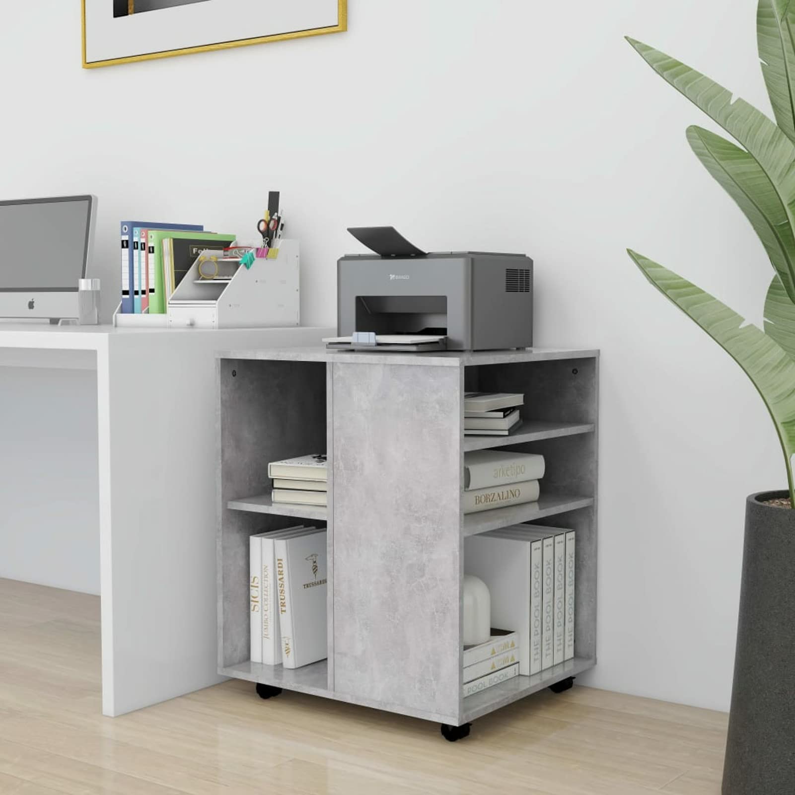 Homgoday Mobiletto con Rotelle Grigio Cemento 60x53x72 cm in Truciolato, Salvaspazio Armadietto da Esterno, Mobili Esterno Balcone per Soggiorno, Ufficio, Camera da Letto, Bagno