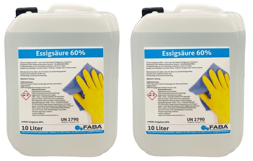 FABA Essigsäure 60% Reiniger und Entkalker für Haushalt, Garten und Industrie 2 x 10 L, Premium Qualität