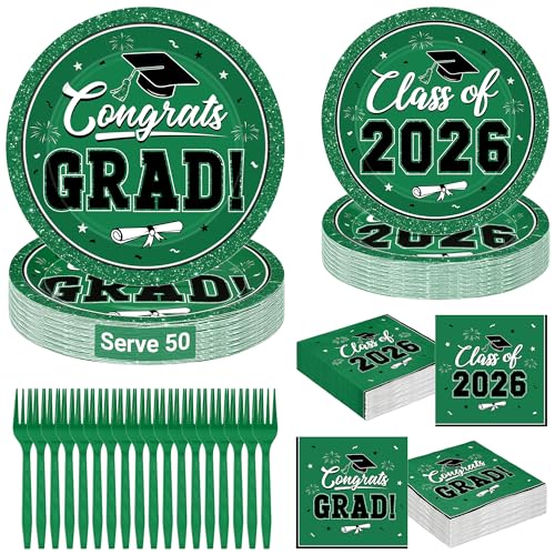 Image of QZYL 200Pcs Graduation Party Supplies, Green Graduation Plates and Napkins, Disposable Grad Dessert Plates and Plastic Forks, Grad Party Decorations for 50 Guests