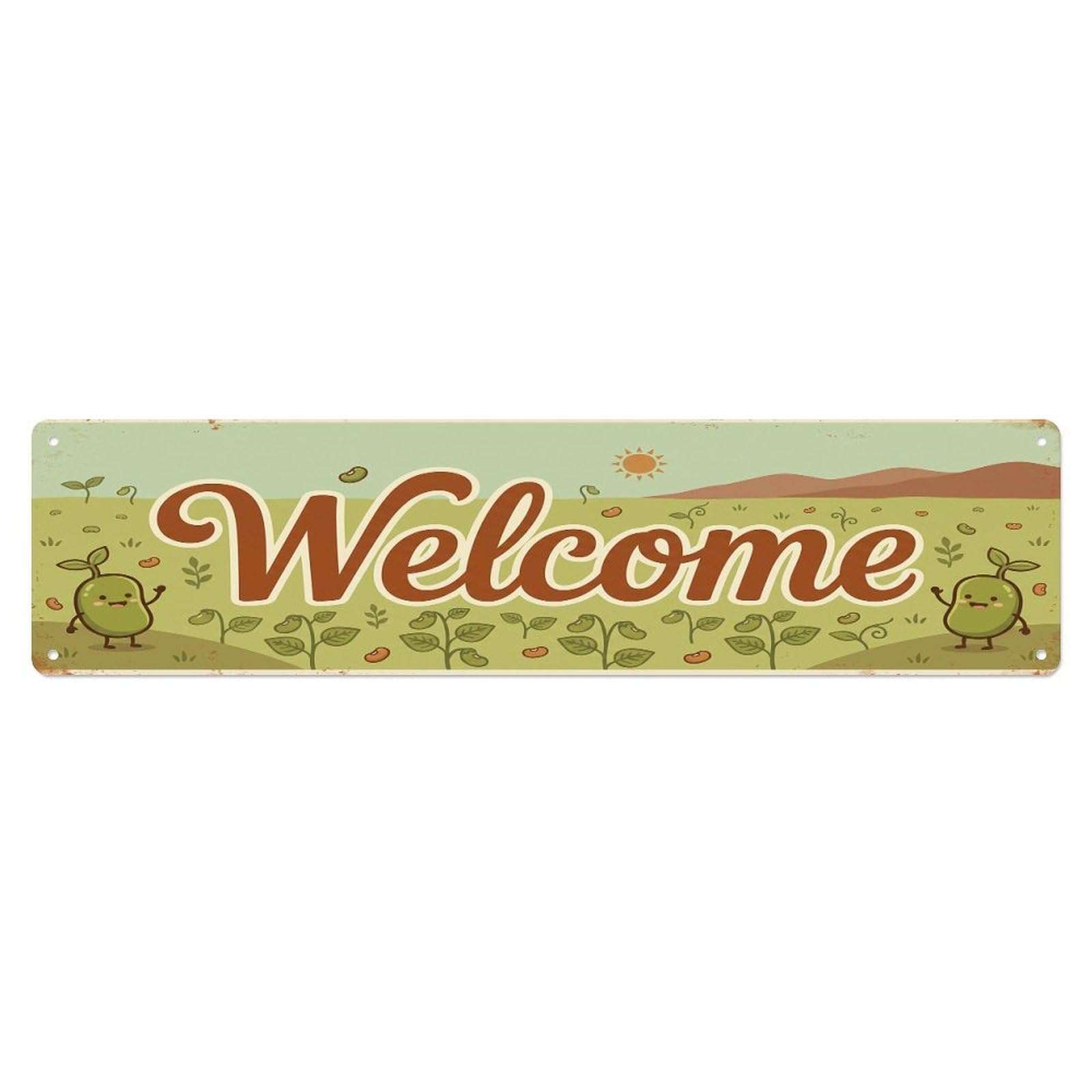 Olhnbad 4X16inch(10X40cm) Vintage Welcome Mung Bean Metal Tin Sign