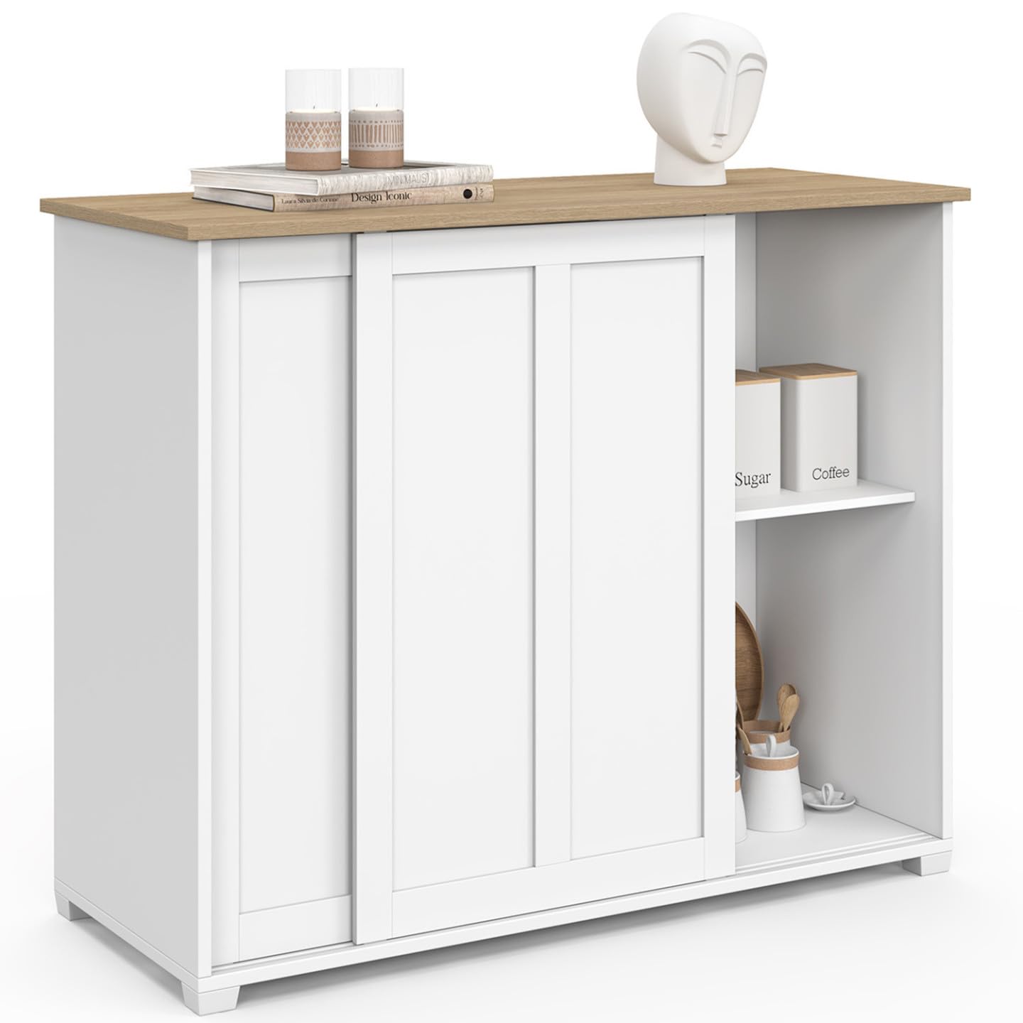 IDMarket - Credenza JANGO 100 cm con 2 ante scorrevoli bianche e piano in legno
