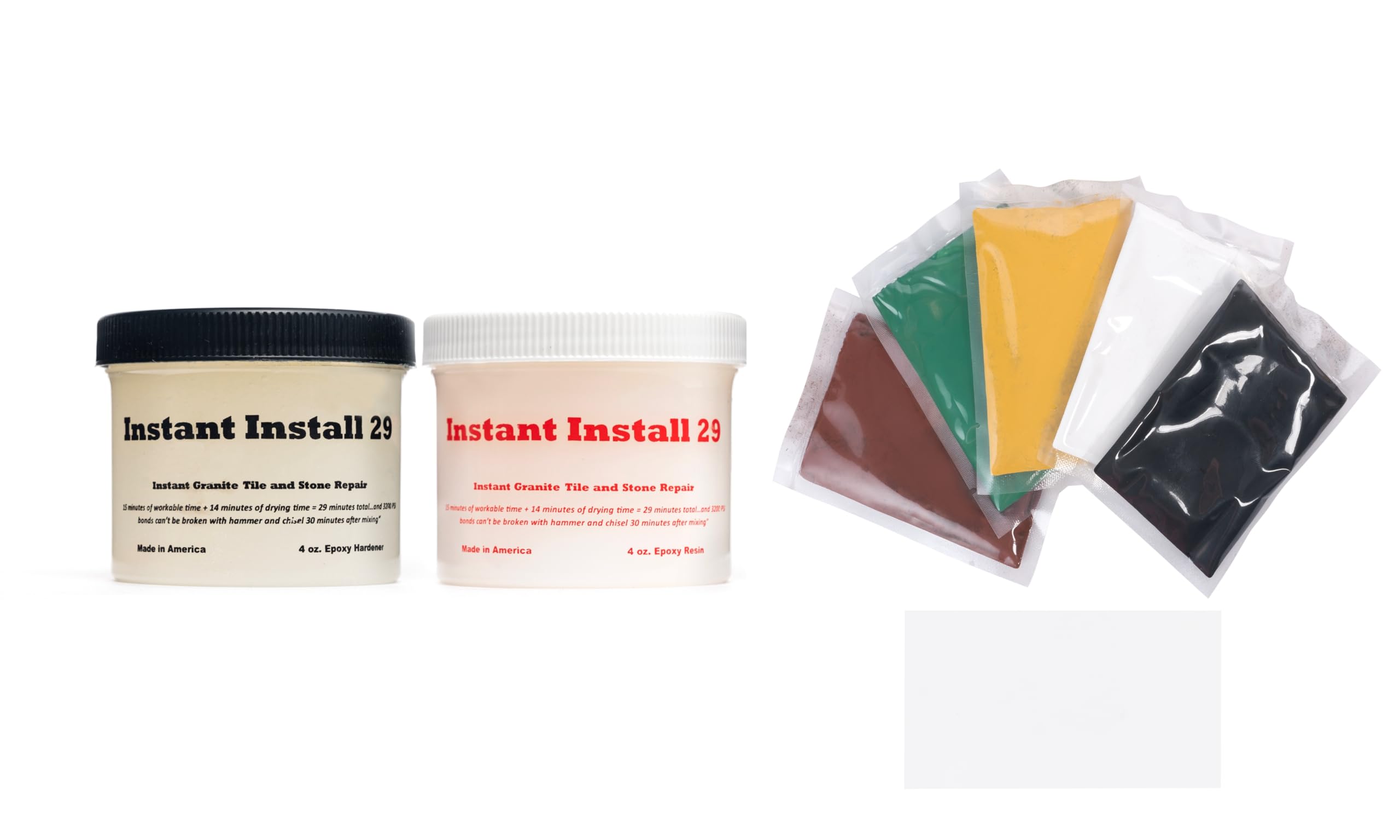 Instant Install 29 – 8 Ounce Epoxy Permanent Repair Kit with EZ-Tint 10 Gram 5-Pack – Granite, Tile, & Marble – Re-Bonds/Rebuilds – Dry in 29 Minutes
