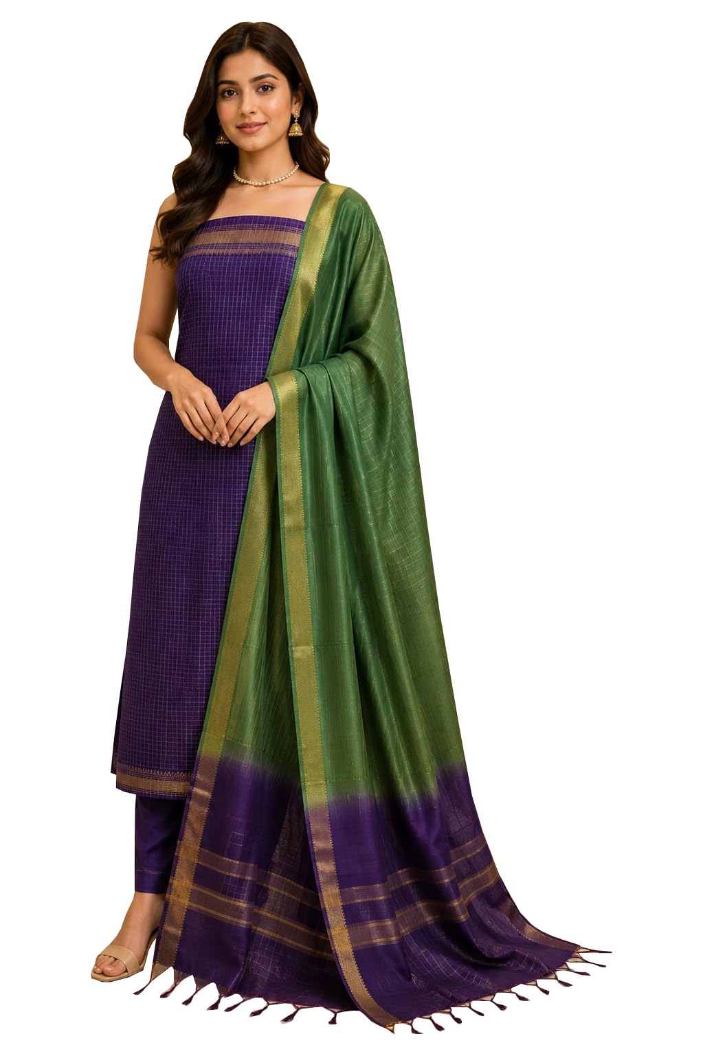 HAIDER ALI Handloom Semi Tussar Silk Checked Design Unstitched Suit Set for Women with Dupatta | Salwar Suit Dress Material for Women & Girls | Top - 2.5 Mtrs, Bottom - 2.50 Mtrs & Dupatta - 2.3 Mtrs-image-40