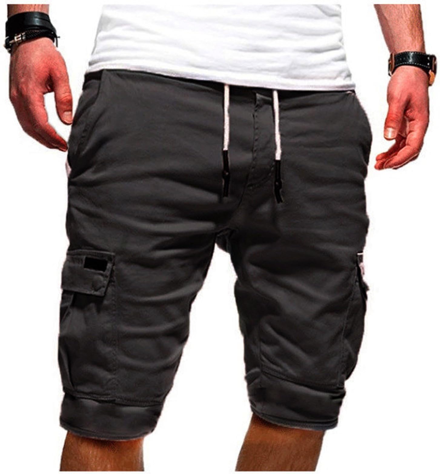 Mens Cargo Shorts Button Zipper Knee Length Cargo Pants with Multi-Pockets Summer Casual Elastic Waist Short Solid Plus Size Shorts Straight Leg Half Trousers Running Gym Office Workout S-5XL