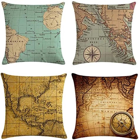 Homyall Map Decorative Pillow Covers Cotton Linen Globe Throw Pillow Covers Set of 4 Square Compass Cushion Covers 18x18 inch, 4 Packs (Nautical Map)