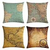 Homyall Map Decorative Pillow Covers Cotton Linen Globe Throw Pillow Covers Set of 4 Square Compass