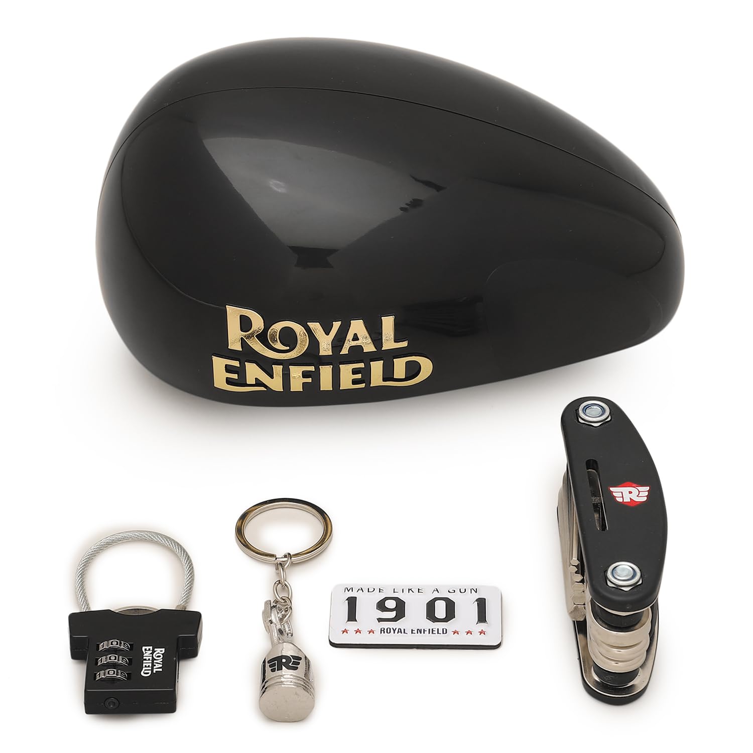 Royal Enfield Metal Premium Welcome Kit Wing Logo Piston Keychain | MLG 1901 Fridge Magnet | Number Lock | Multi Tool Allen Key | For Gifitng Bike Enthusisats | Gift For Man, Black - Image 7 thumbnail
