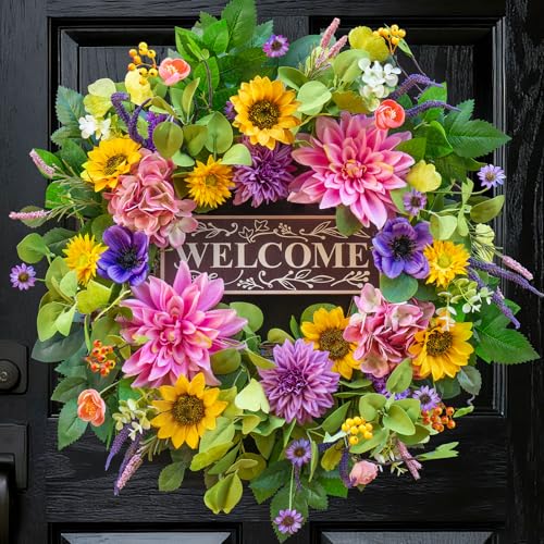 Spring and Summer Wreaths for Front Door 24 Inch Summer Wreath with Lifelike Sunflower,Pink and Purple Dahlia Spring Door Wreath with Welcome Sign,Outdoor Decor