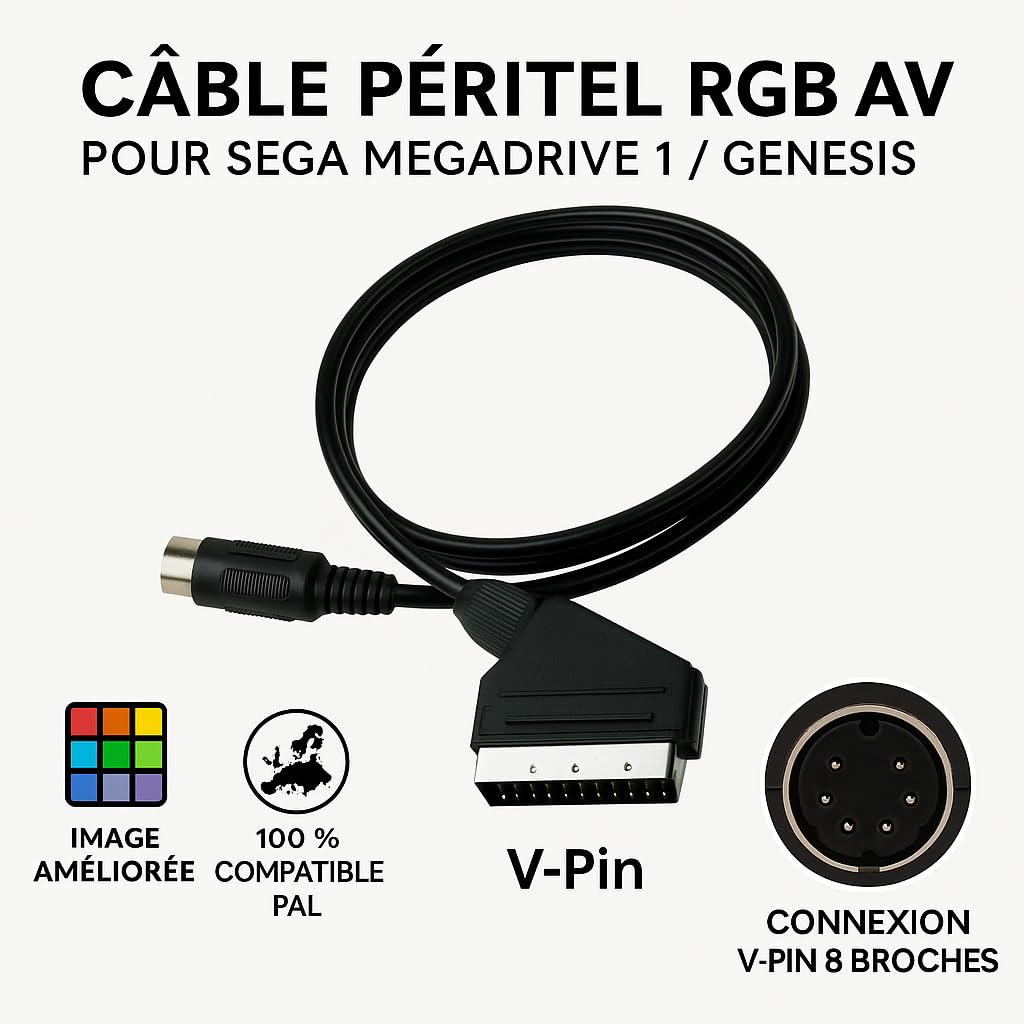Câble Péritel AV RGB SCART pour Sega Megadrive 1 PAL – Genesis – Vpin – Connexion Haute Qualité – 1,80 m