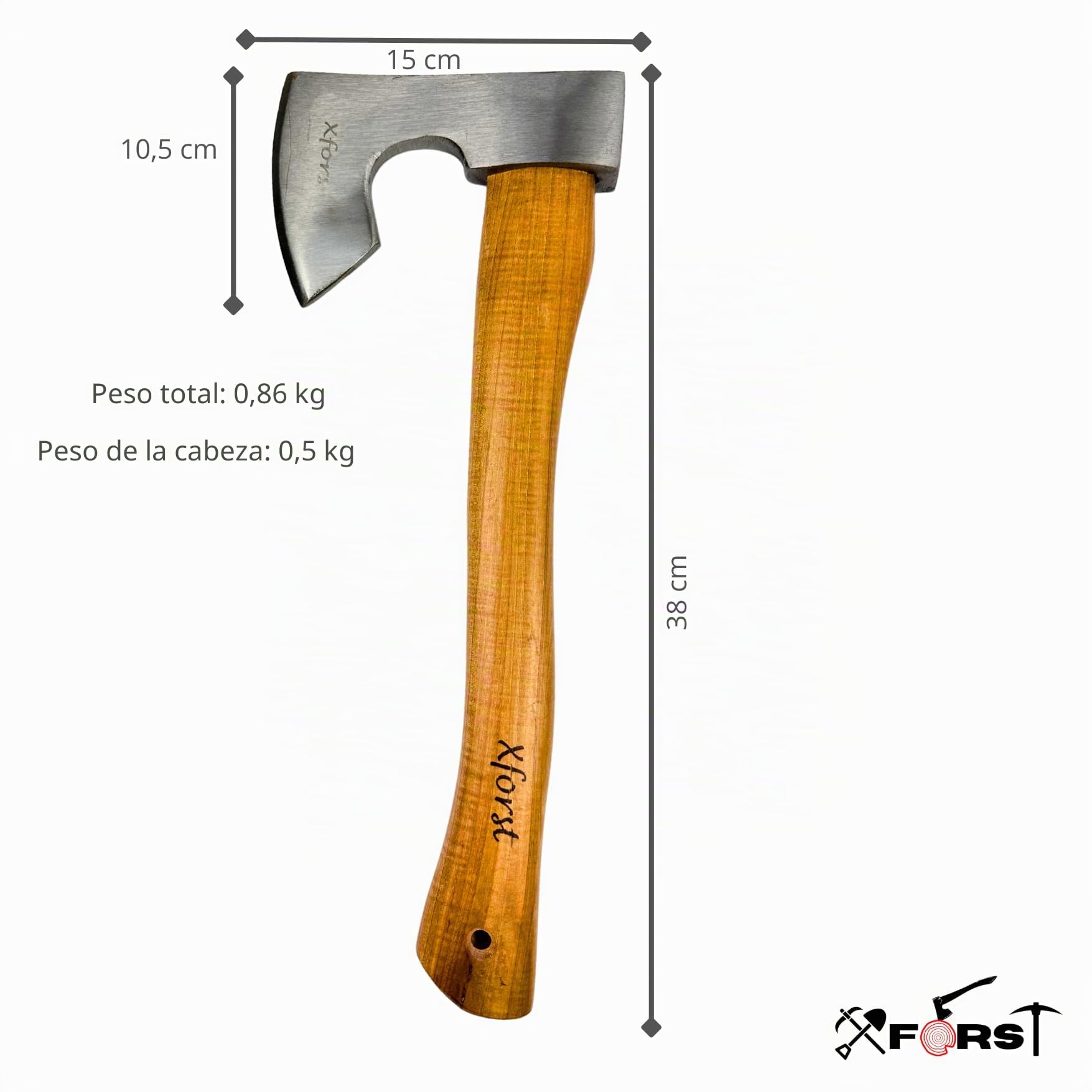 Xforst Hacha Vikinga X-H6 – Hacha de Bushcraft 38 cm | Cabeza Forjada en Acero al Carbono | Mango de Madera de Nogal Americano (Hickory) | Funda de Cuero Auténtico | Beil Bushcraft 0,86 kg