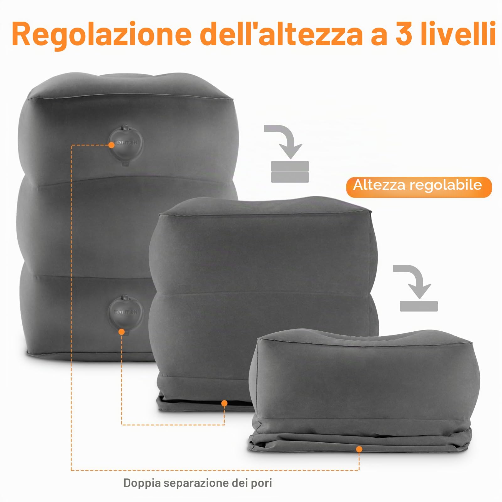 Maliton Poggiapiedi per Aereo, Poggiapiedi Gonfiabile, Facile da Gonfiare, con Borsa Pratica – Per Aereo, Auto, Ufficio, Ideale Per i Voli a Lungo Raggio (Grigio Scuro, 1 Pezzo)