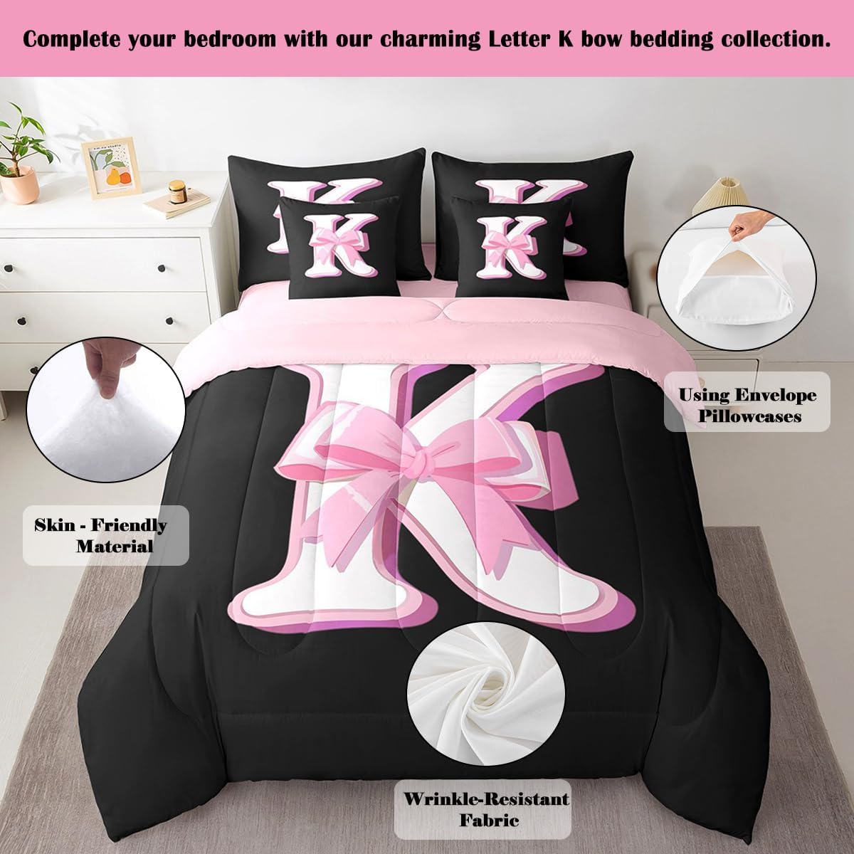 jejeloiu Kids Girls Black Pink Bow Comforter Set with Sheets Queen Size Monogrammed 7 Piece Bedding Set Personalized Initial K Bed in a Bag with Comforter,Sheets,Pillowcases Modern Fashion Bed Set