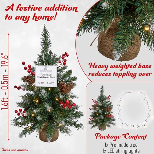 Get Trend Christmas Tree, 1.67ft Pre-lit Mini Artificial Tree with LED White String Lights Frosted Tips, Tabletop Xmax Gifts (Green) - Image 6