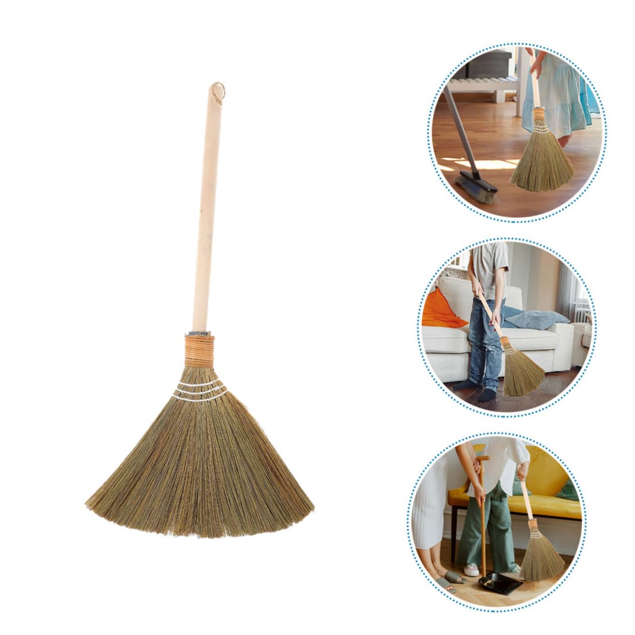 Healeved Escoba de maíz natural hecha a mano con mango de madera suave para patio, garaje y uso comercial, diseño tradicional vietnamita para limpieza de patio y jardín