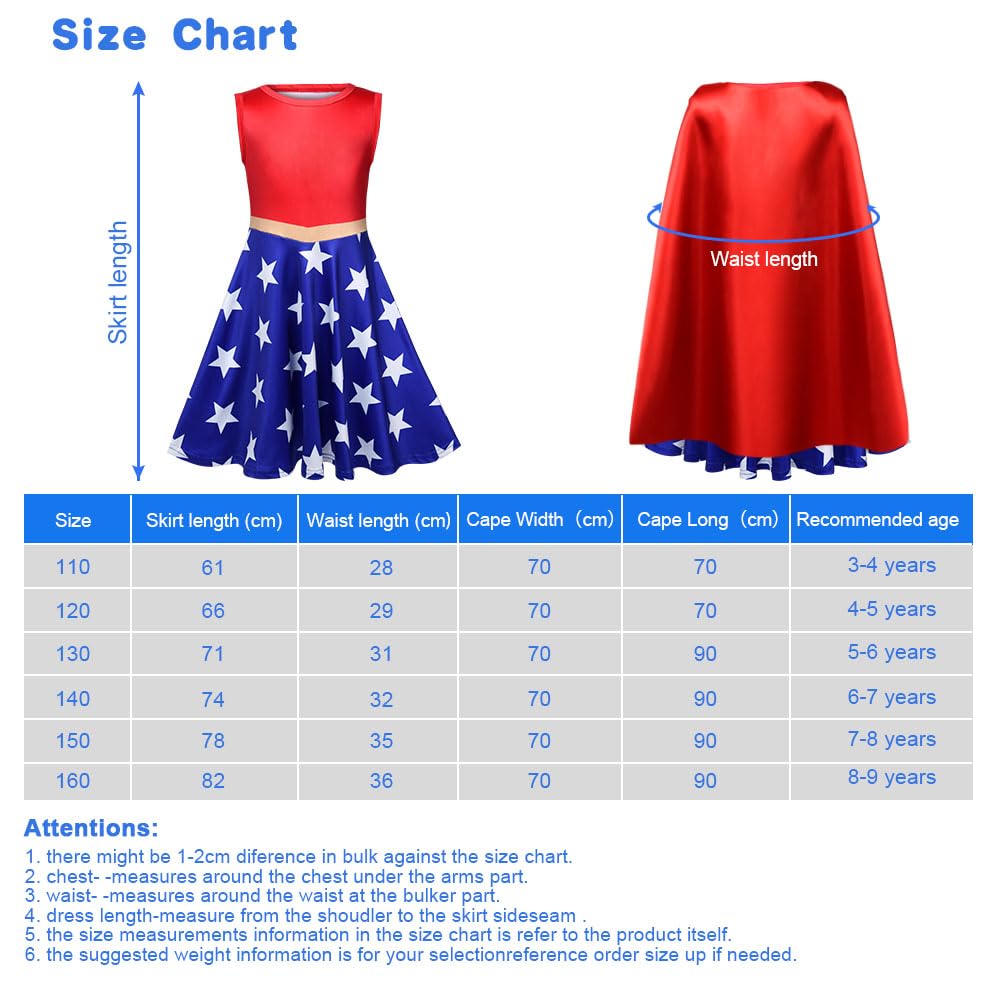 AOOWU Costumi Super Bambina, Costume da Wonder per Bambini di 3 Pcs, Set Super Girl Costume con Abito di Carnevale, Mantello, Maschera in Feltro, per Halloween, Cosplay, Festa
