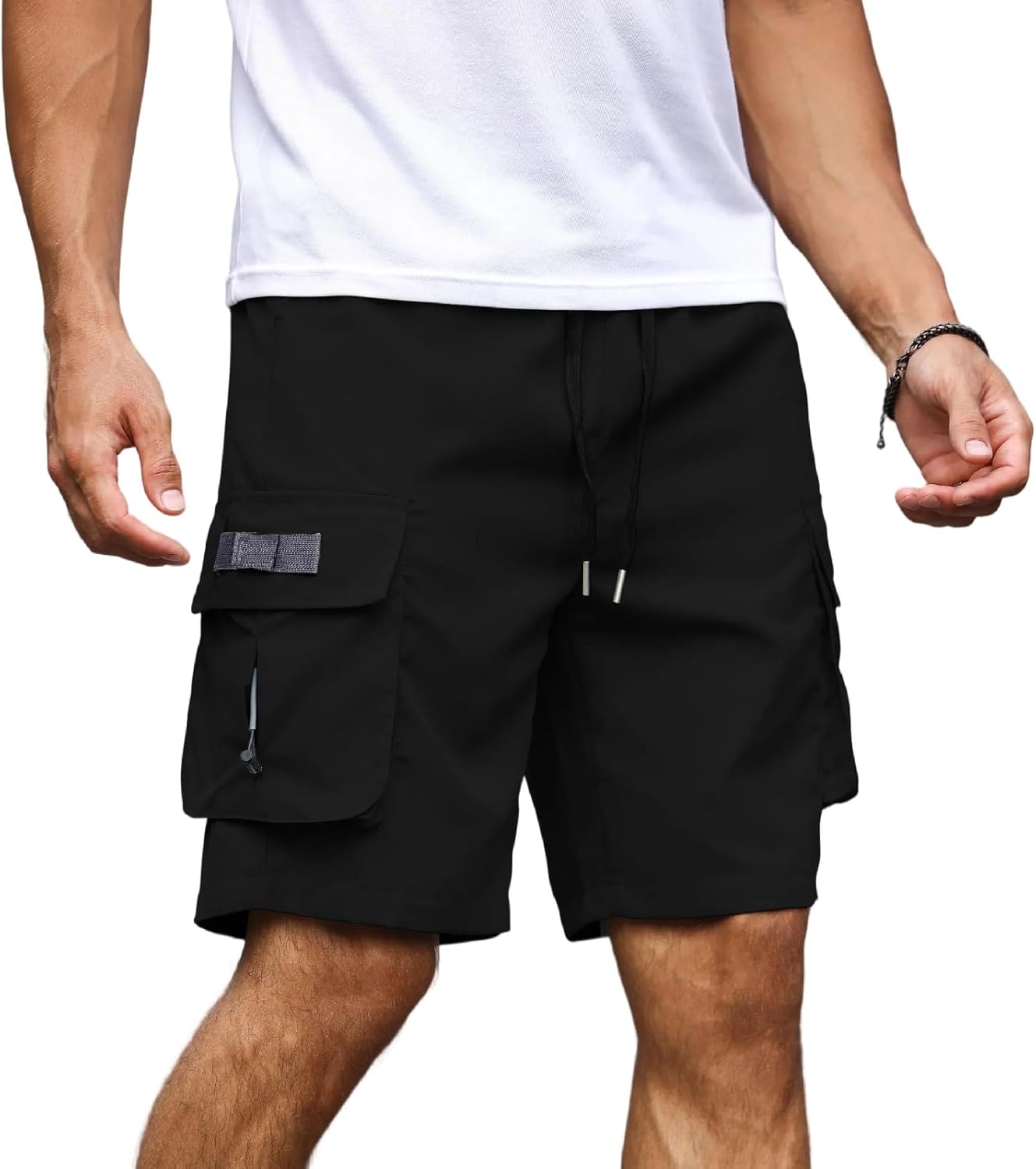 Men's Solid Color Drawstring Cargo Shorts with Pockets Casual Summer Lightweight Pants for Daily Wear