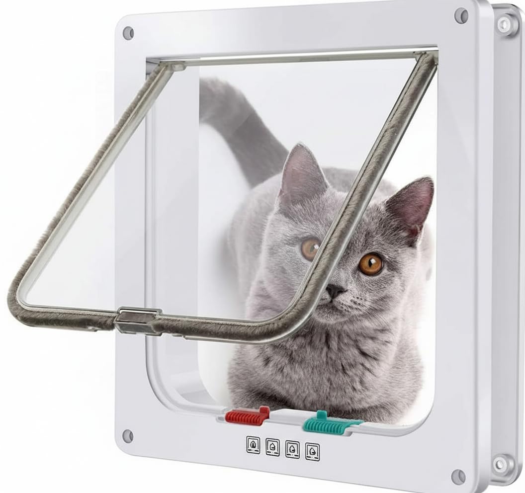 Cat Door Flap (Outer Size 7.5" x 7.8"), Pet Supplies 4 Way Locking for Interior Exterior Doors, Weatherproof Pet Door Window for Cats Doggie Kitties & Kittens, Easy to Installation