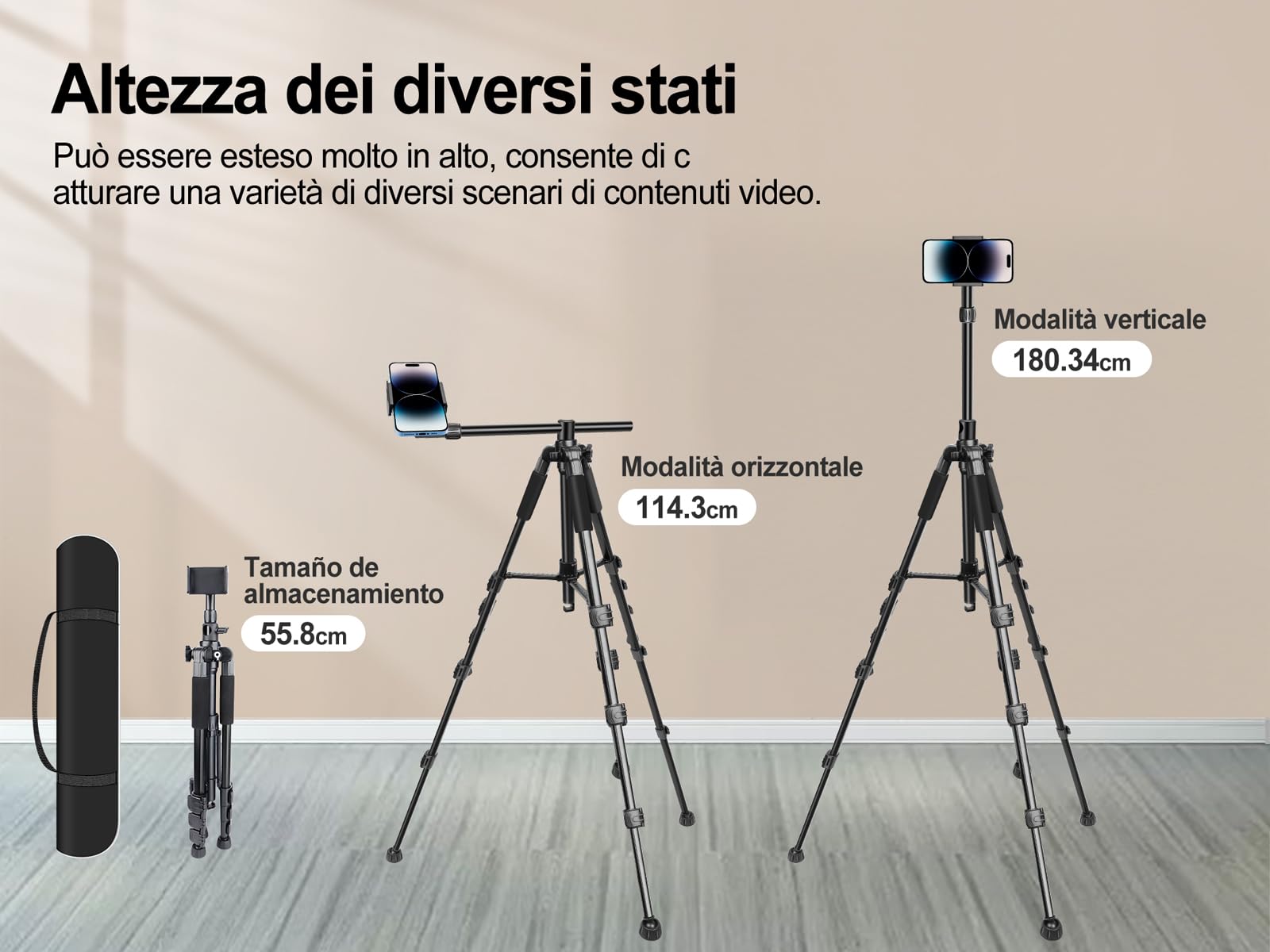 Elitehood Overhead Treppiede Smartphone [ Resistente e Ultra Stabile ], Treppiede per iPhone da 180 cm con Supporto per Telefono con Rotazione di 360° per Riprese Video e Borsa per Il Trasporto