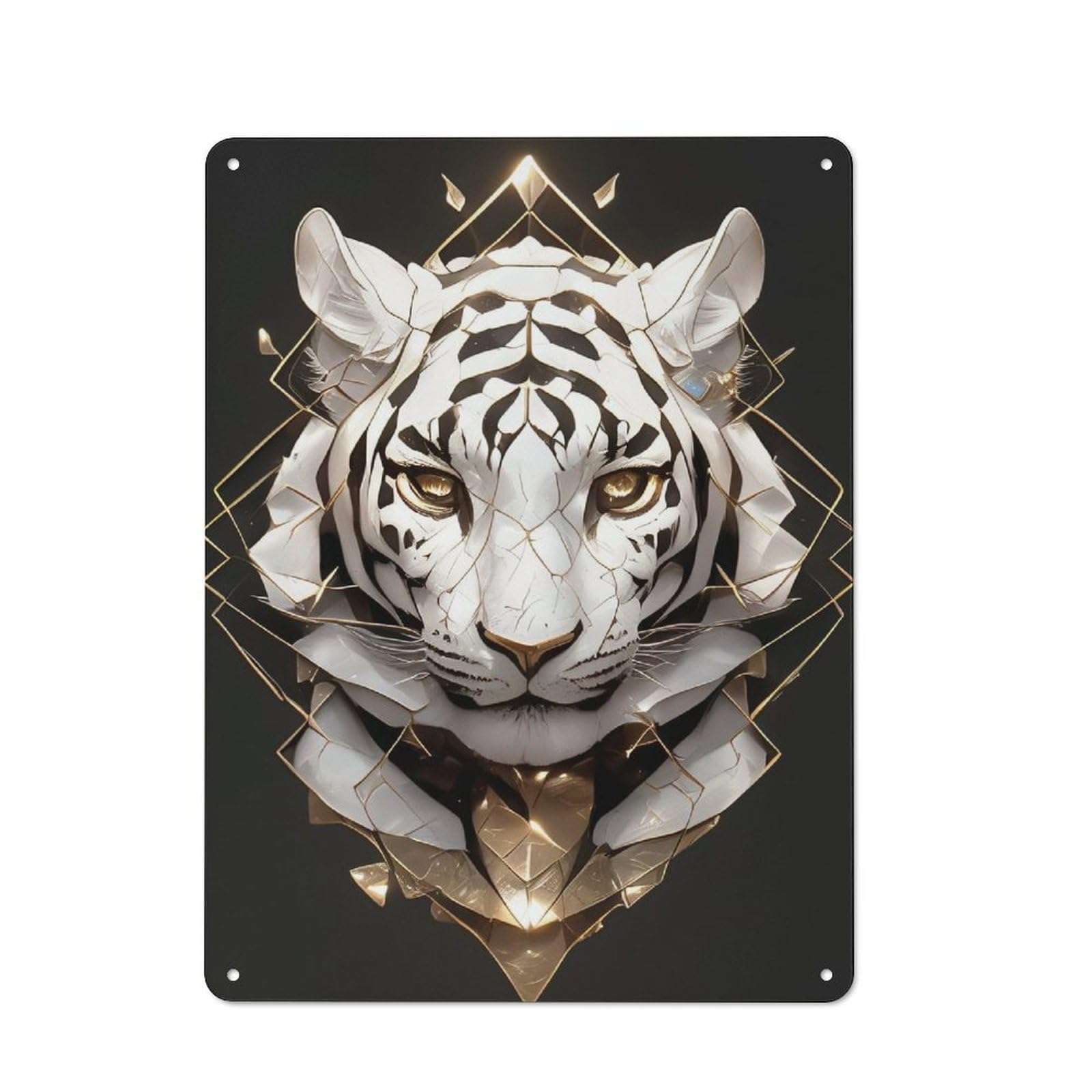 Rustic White Tiger with Geometric Gold Accents Tin Wall Plaque 40x30cm, Rustic Kitchen Decor for Cottage, Kitchen, Hallway Or Breakfast Nook