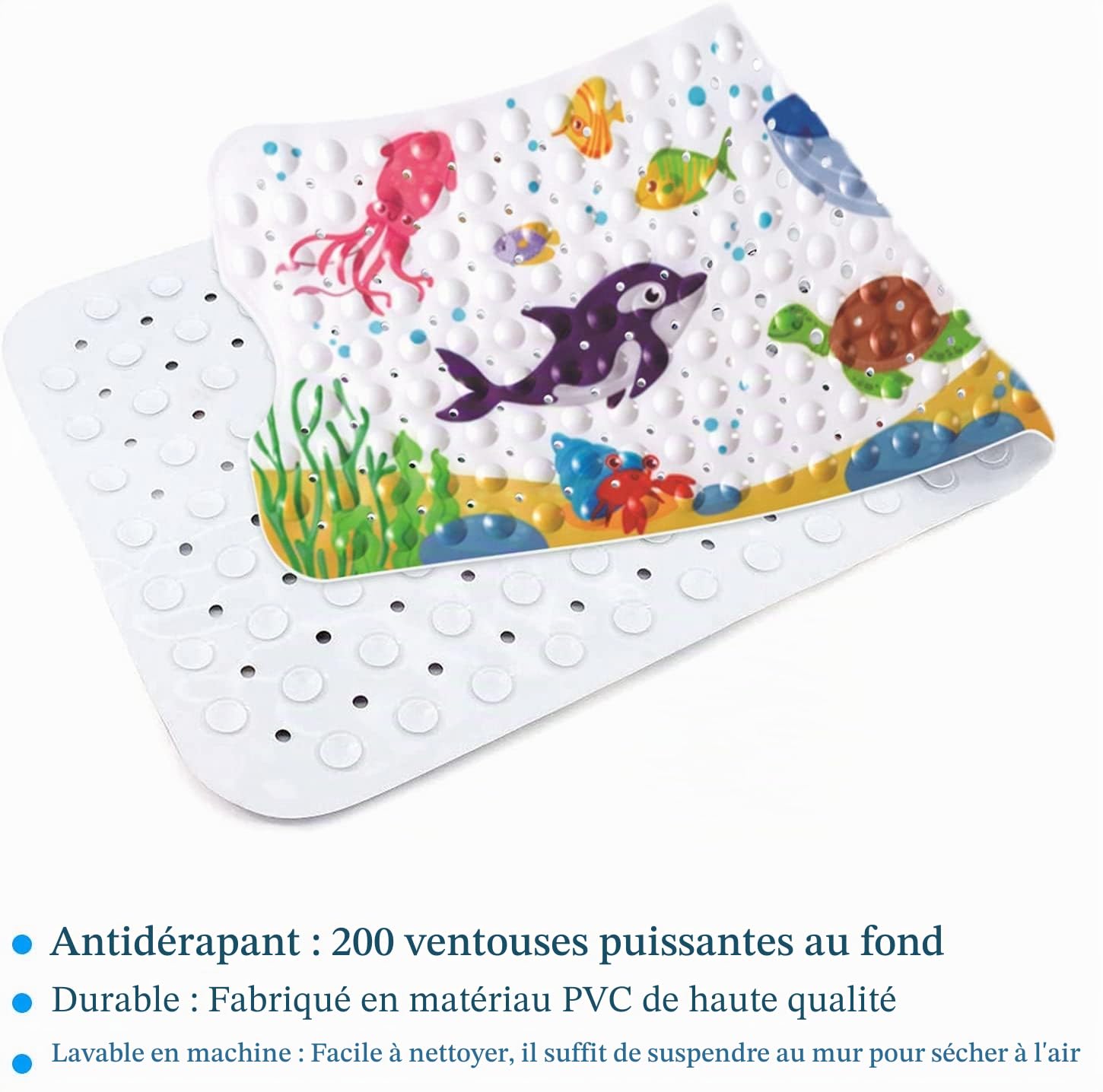 Tapis de Baignoire Antidérapant 100 x 40 cm avec Ventouse PVC Dessin Animé Animaux Marins Enfants