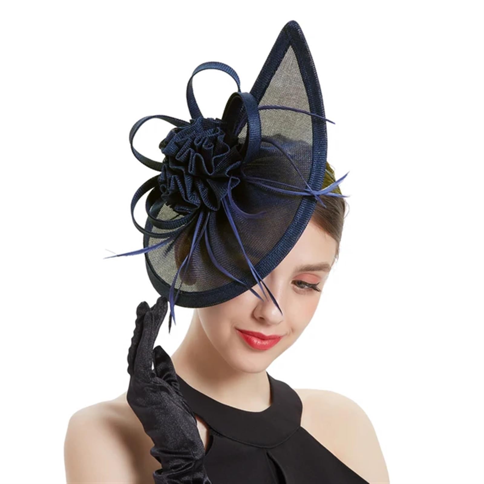 UALXPAO Wedding Hats Tea Party Teardrop Fascinator Hat Headband Flower Headwear for Cocktail for Tea Party,Weddings(Dark Blue)