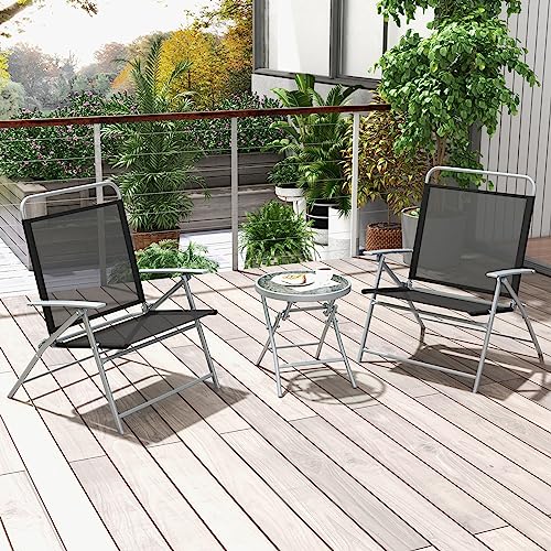 Image of Tangkula 3 Piece Patio Folding Chair Set, Outdoor Metal Conversation Set w /Coffee Table, Extra-Large Seat, Stable Metal Frame, Portable Folding Chair & Table Set for Front Porch, Backyard