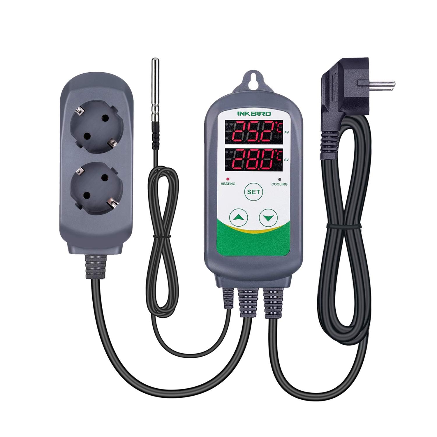 Inkbird ITC-308 Prise Thermostat Numérique avec 2 Relais 220V Sonde, Controleur Température Chauffage Refroidissement pour Terrarium,Reptile,Incubateur,Serre,Couveuse,Brassage