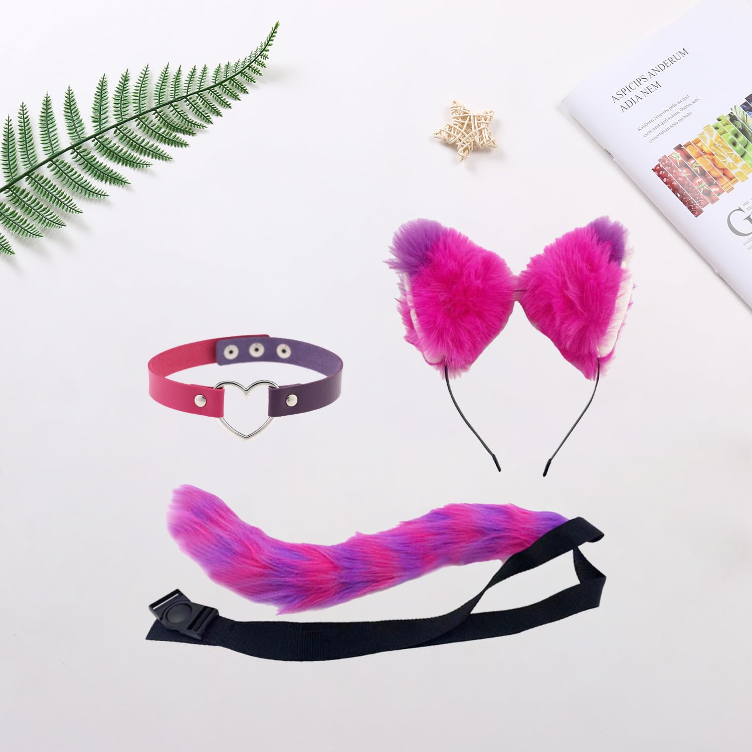 Bohue 3 Pieces Pink and Purple Striped Cat Costume Cat Ears Headband Furry Tail and PU Choker Halloween Cosplay Accessories Party Supplies for Women - Image 3