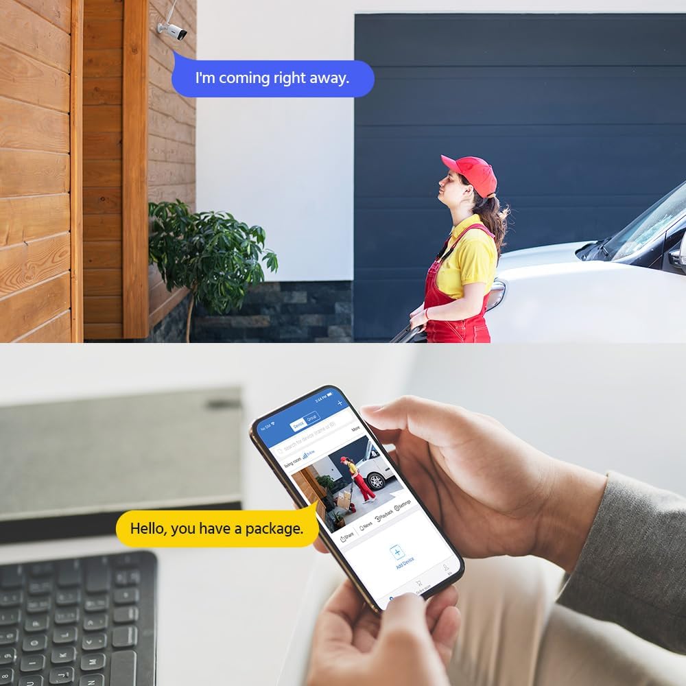 A split image showing a woman receiving a package at a door with a camera, and a person viewing a notification on a smartphone that says 'Hello, you have a package.' This illustrates two-way audio communication.