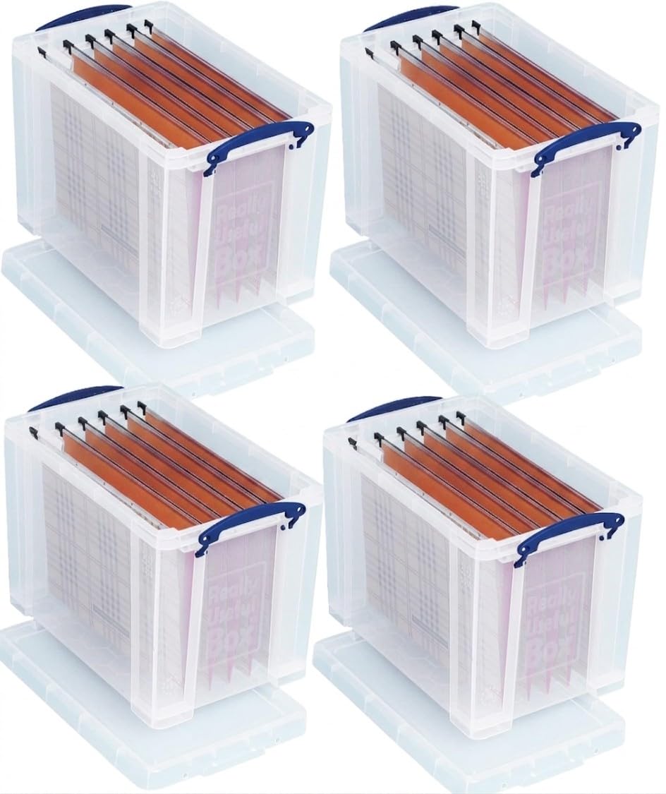 Really Useful Storage Box 24 Litre CLEAR with 40 x Suspension Files Pack of 4