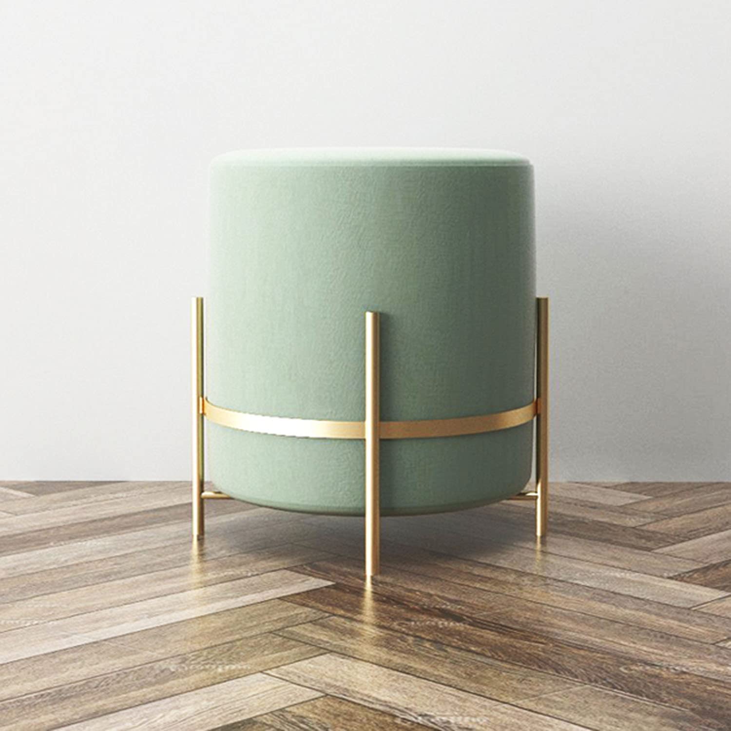 Taburete de tocador de terciopelo azul grisáceo con asiento acolchado y patas estables de metal