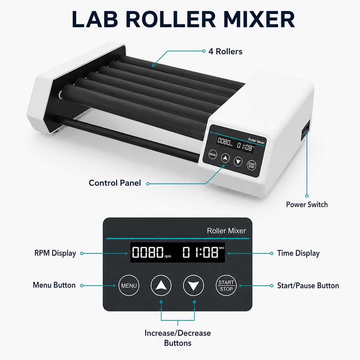 Mezclador orbital digital y mezclador de rodillos, modos de balanceo y balanceo, motor sin escobillas, temporizador de 20-80 rpm, para tubos de 10 x 50 ml o 14 x 50 ml